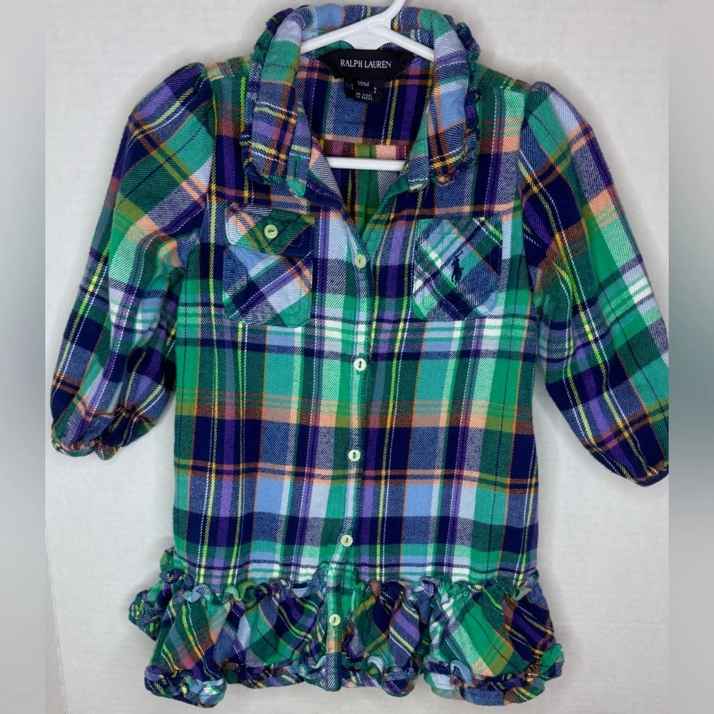 Ralph Lauren Baby Girl Blue/Green Plaid Flannel Ruffle Shirt Dress 18mon